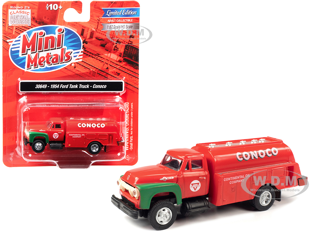 1954 Ford Tanker Truck Red and Green Conoco 1/87 (HO) Scale Model by Classic Metal Works