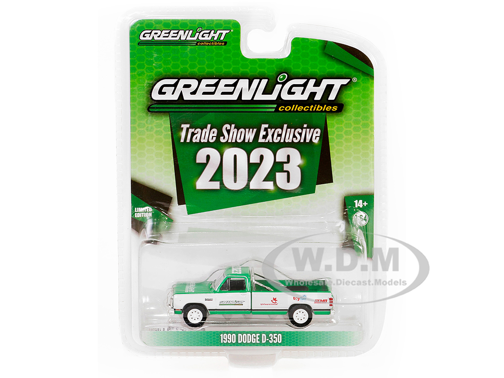 1990 Dodge D-350 Pickup Truck Green and White 2023 GreenLight Trade Show Exclusive Hobby Exclusive Series 1/64 Diecast Model Car by Greenlight
