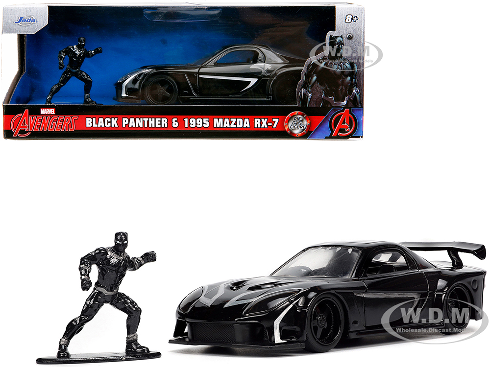 1995 Mazda RX-7 RHD (Right Hand Drive) Black and Black Panther Diecast Figure The Avengers Hollywood Rides Series 1/32 Diecast Model Car by Jada