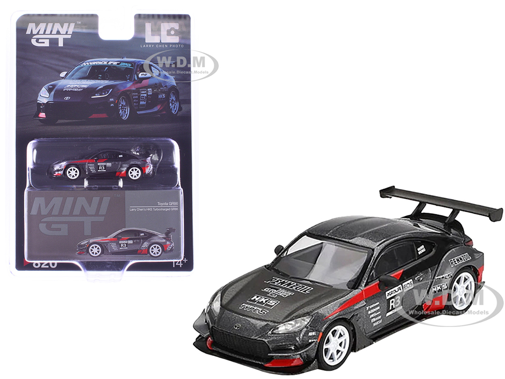 Toyota GR86 #R3 Larry Chens HKS Turbocharged GR86 Gray Metallic with Graphics Limited Edition 1/64 Diecast Model Car by Mini GT