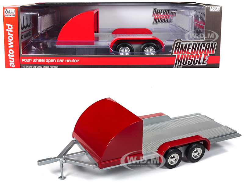 Four Wheel Open Car Hauler Trailer Red For 1/18 Scale Models By Autoworld