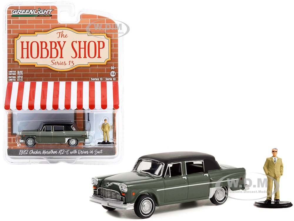 1982 Checker Marathon A12-E Gray with Black Top and Driver in Suit Figure "The Hobby Shop" Series 13 1/64 Diecast Model Car by Greenlight