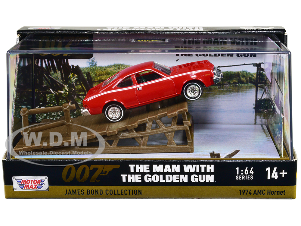 1974 AMC Hornet Red with White Stripes James Bond 007 "The Man with the Golden Gun" (1974) Movie with Display 1/64 Diecast Model Car by Motormax