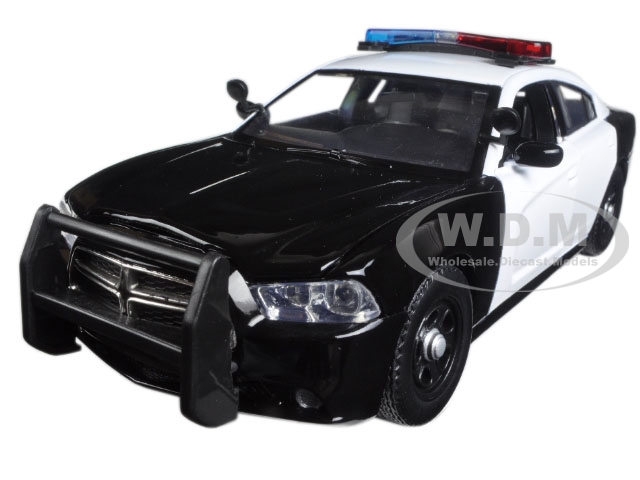 2011 Dodge Charger Pursuit Police Car Black And White With Flashing Light Bar Front And Rear Lights And 2 Sounds 1/24 Diecast Model Car By Motormax