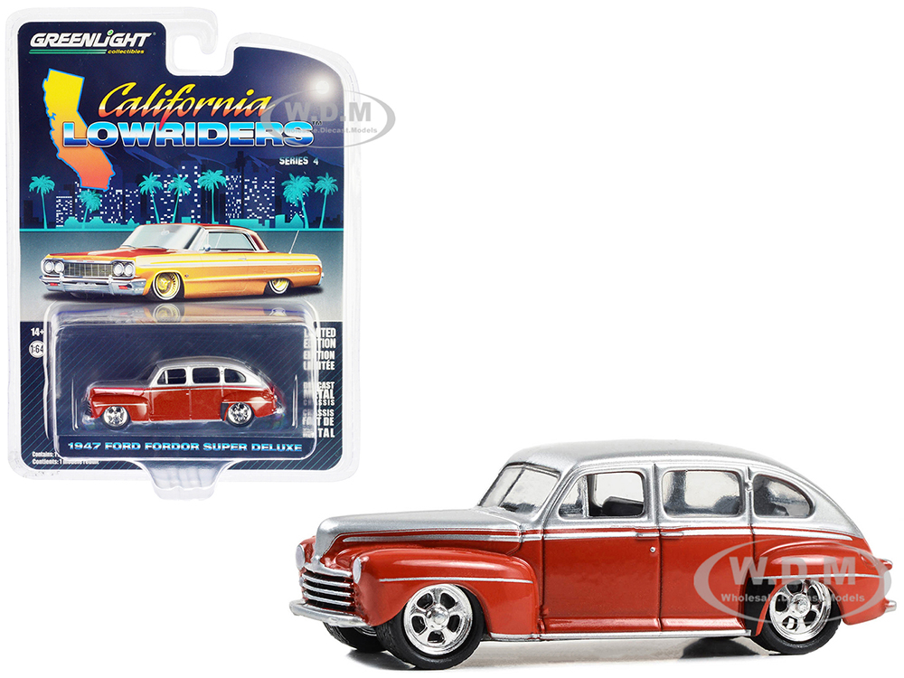 1947 Ford Fordor Super Deluxe Lowrider Red and Silver Metallic California Lowriders Series 4 1/64 Diecast Model Car by Greenlight