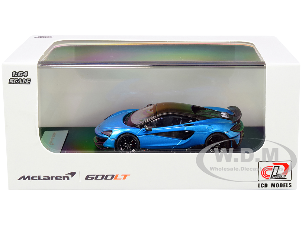 McLaren 600LT Light Blue Metallic with Carbon Top and Carbon Accents 1/64 Diecast Model Car by LCD Models