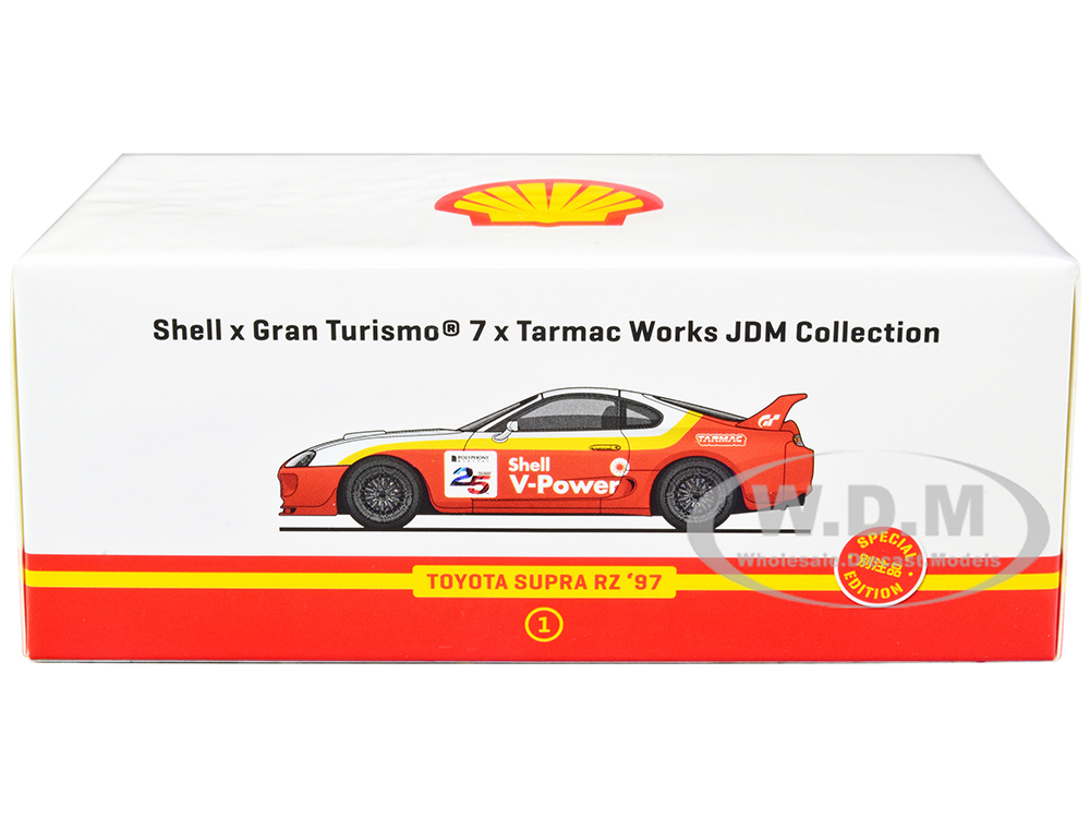 1997 Toyota Supra RZ RHD (Right Hand Drive) Red and White with Yellow Stripes "Shell x Gran Turismo 7" Special Edition 1/64 Diecast Model Car by Tarm