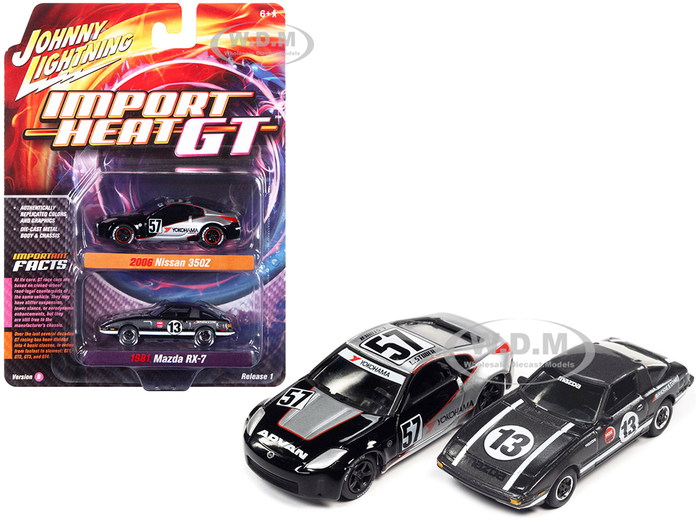 2006 Nissan 350Z 57 Black and Silver with Graphics and 1981 Mazda RX-7 13 Dark Silver with Stripes "Import Heat GT" Set of 2 Cars 1/64 Diecast Model