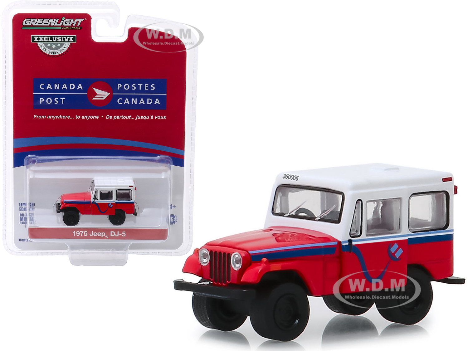 1975 Jeep Dj-5 "canada Post" Red With White Top "hobby Exclusive" 1/64 Diecast Model Car By Greenlight