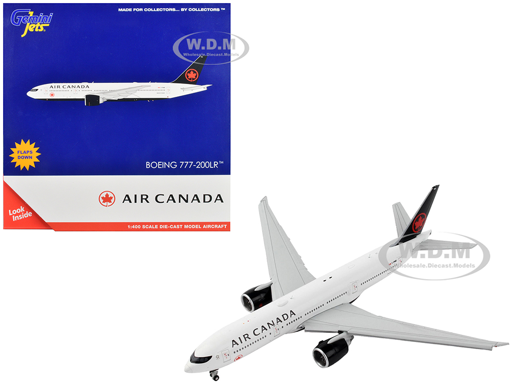 Boeing 777-200LR Commercial Aircraft with Flaps Down Air Canada White with Black Tail 1/400 Diecast Model Airplane by GeminiJets