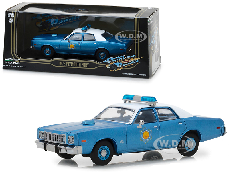 1975 Plymouth Fury Arkansas State Police "Smokey and the Bandit" (1977) Movie Blue with White Top 1/43 Diecast Model Car by Greenlight