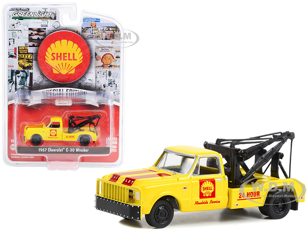 1967 Chevrolet C-30 Wrecker Tow Truck Yellow with Red Stripes Shell Roadside Service 24 Hour "Shell Oil Special Edition" Series 1 1/64 Diecast Model