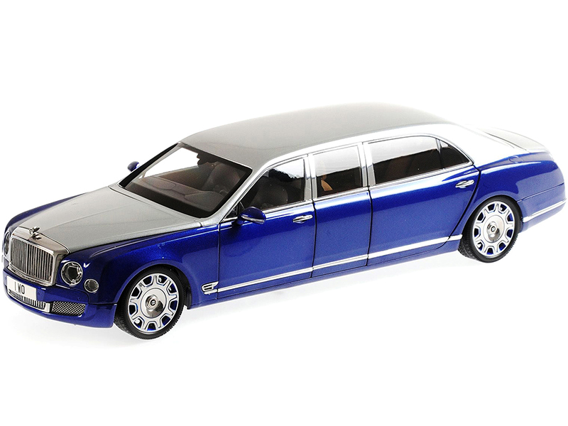 Bentley Mulsanne Grand Limousine by Mulliner Silver Frost and Moroccan Blue Metallic 1/18 Diecast Model Car by Almost Real