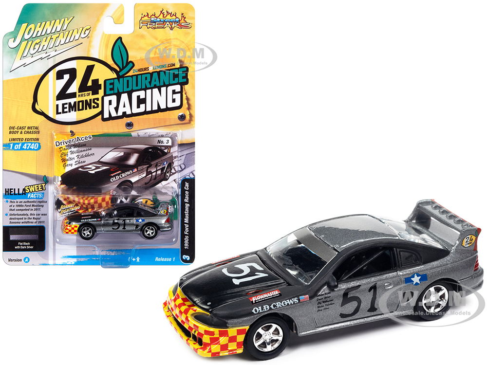 1990s Ford Mustang Race Car #51 Black and Dark Silver Metallic Old Crows 24 Hours of Lemons Limited Edition to 4740 pieces Worldwide Street Freaks Series 1/64 Diecast Model Car by Johnny Lightning