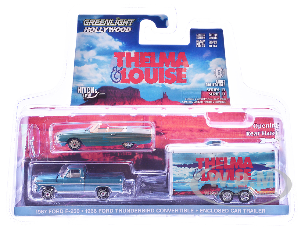 1966 Ford Thunderbird Convertible Blue (Dust Covered) and 1967 Ford F-250 Pickup Truck Blue with Enclosed Car Hauler Thelma & Louise (1991) Movie Hollywood Hitch & Tow Series 13 1/64 Diecast Model Cars by Greenlight