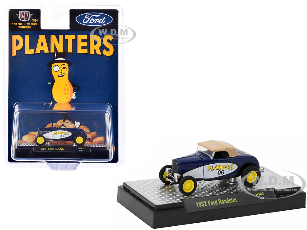 1932 Ford Roadster #06 Blue and White with Tan Soft Top Planters Peanuts Limited Edition to 2750 pieces Worldwide 1/64 Diecast Model Car by M2 Machines