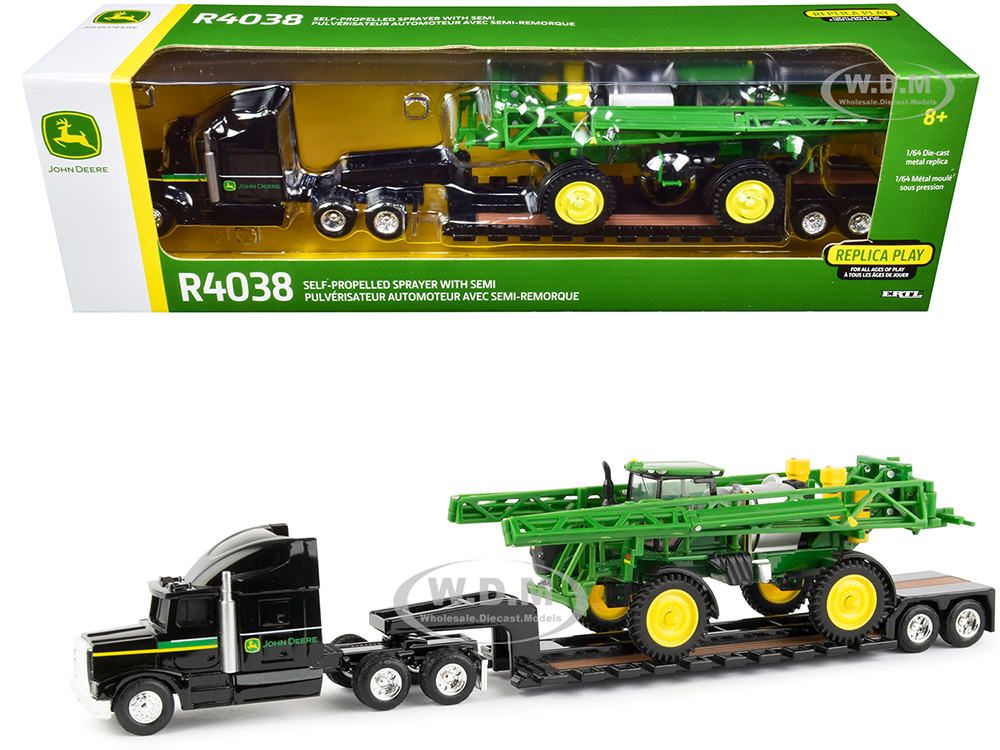 Image of Semi Truck Tractor with Lowboy Trailer and John Deere R4038 Self-Propelled Sprayer 1/64 Diecast Models by ERTL TOMY