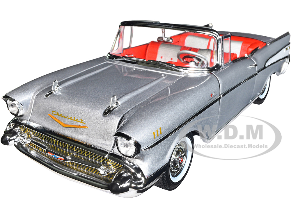 1957 Chevrolet Bel Air Convertible Inca Silver Metallic with Red and Silver Interior 1/18 Diecast Model Car by Auto World