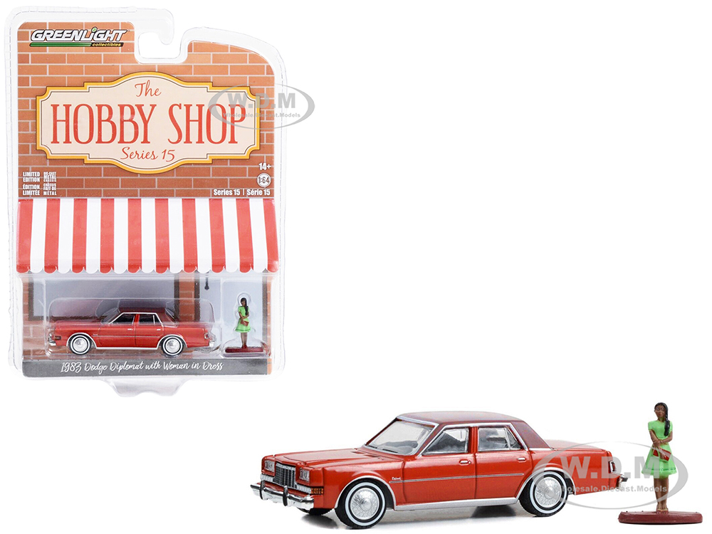 1983 Dodge Diplomat Red with Brown Top and Woman in Dress Figure The Hobby Shop Series 15 1/64 Diecast Model Car by Greenlight