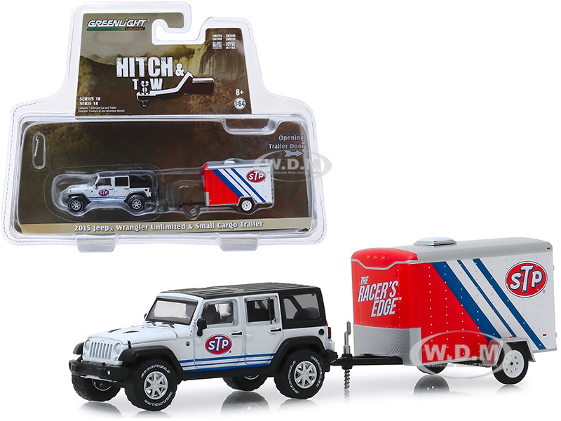 2015 Jeep Wrangler Unlimited "stp" White With Black Top And "stp" Small Cargo Trailer "hitch & Tow" Series 18 1/64 Diecast Model Car By Greenligh