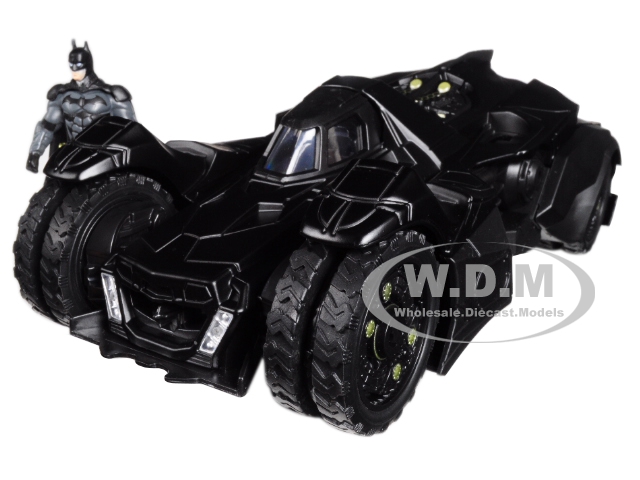Brand new 1/24 scale diecast car model of Arkham Knight Batmobile with Batman DiecastFigure die cast model carby Jada.Brand new box.Real rubber tires.Detailed interior exterior.Made of diecast with some plastic parts.Batman figure is approximately 2.75 inches tall.Dimensions approximately L-8 W-3.75 H-3.55 inches.