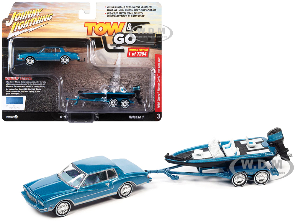 1980 Chevrolet Monte Carlo Bright Blue Metallic with Blue Interior with Bass Boat and Trailer Limited Edition to 7264 pieces Worldwide Tow & Go Series 1/64 Diecast Model Car by Johnny Lightning