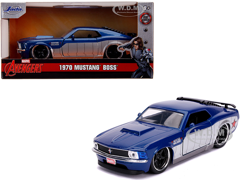 1970 Ford Mustang Boss Blue Metallic and Silver Winter Soldier Avengers Marvel Series 1/32 Diecast Model Car by Jada