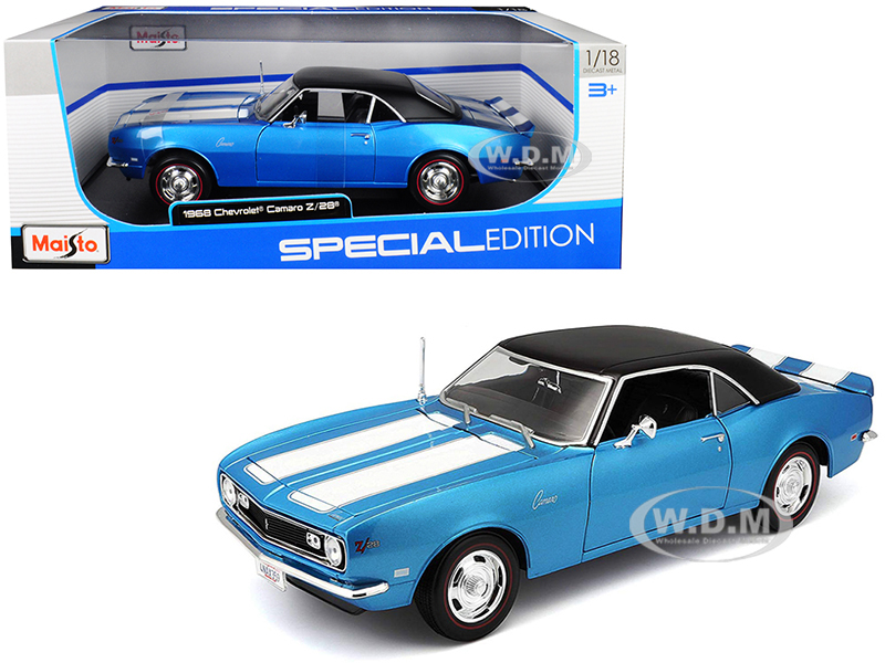 Image of 1968 Chevrolet Camaro Z/28 Coupe Blue Metallic with White Stripes and Black Top 1/18 Diecast Model Car by Maisto