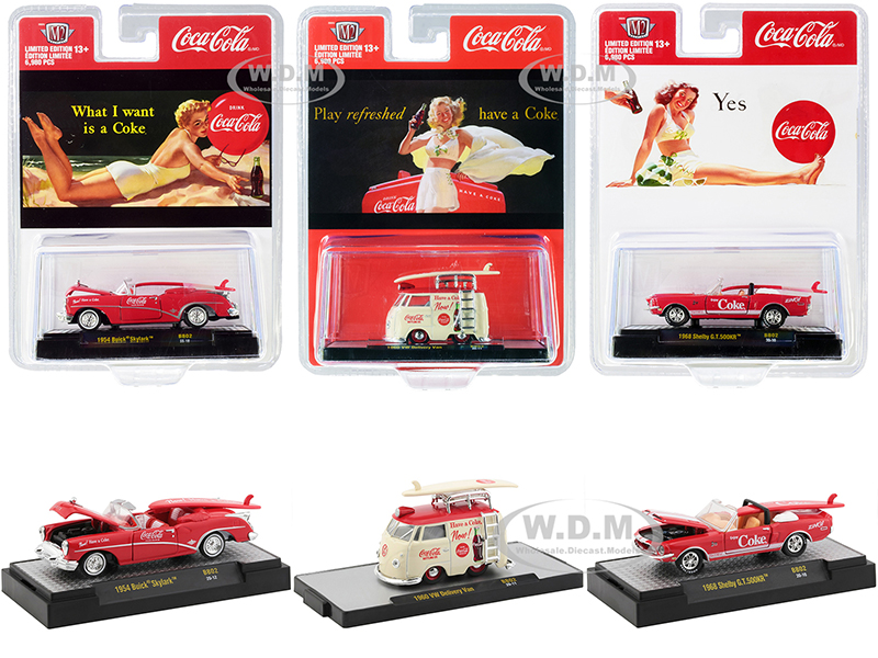 Coca-Cola Bathing Beauties Set of 3 Cars with Surfboards Release 2 Limited Edition to 6980 pieces Worldwide 1/64 Diecast Model Cars by M2 Machines