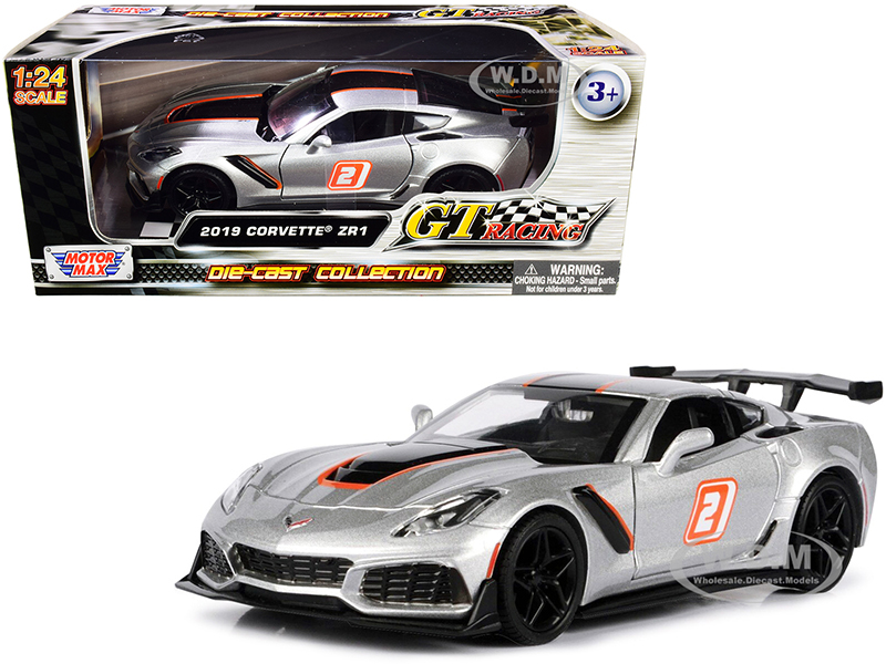 2019 Chevrolet Corvette ZR1 2 Silver with Black and Orange Stripes "GT Racing" Series 1/24 Diecast Model Car by Motormax