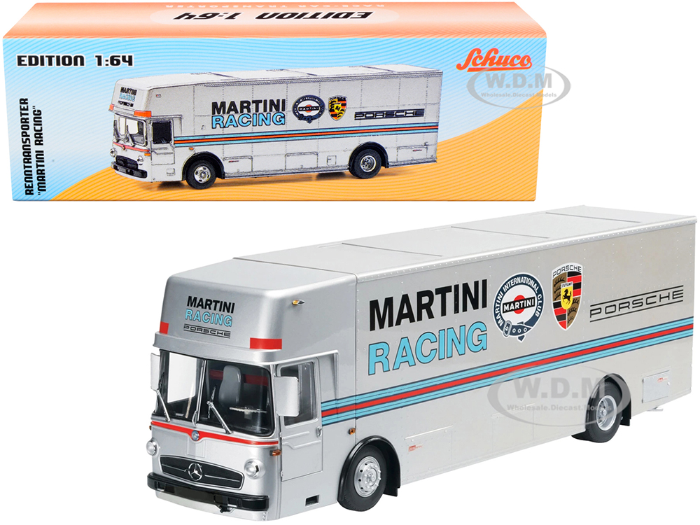 Mercedes Benz Race Car Transporter "Martini Racing" Silver with Stripes 1/64 Diecast Model by Schuco