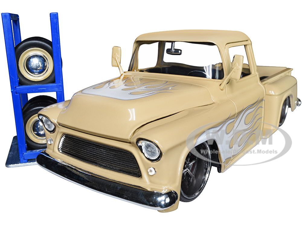 1955 Chevrolet Stepside Pickup Truck Tan with White and Silver Flames with Extra Wheels Just Trucks Series 1/24 Diecast Model Car by Jada