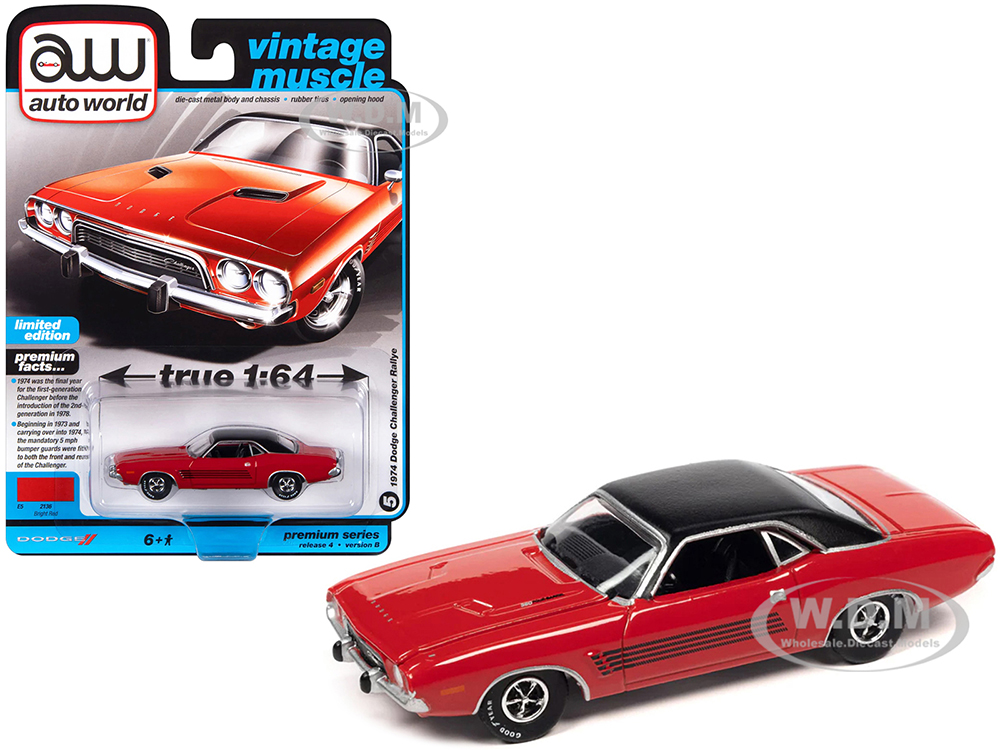 1974 Dodge Challenger Rallye Bright Red with Black Vinyl Top "Vintage Muscle" Limited Edition 1/64 Diecast Model Car by Auto World