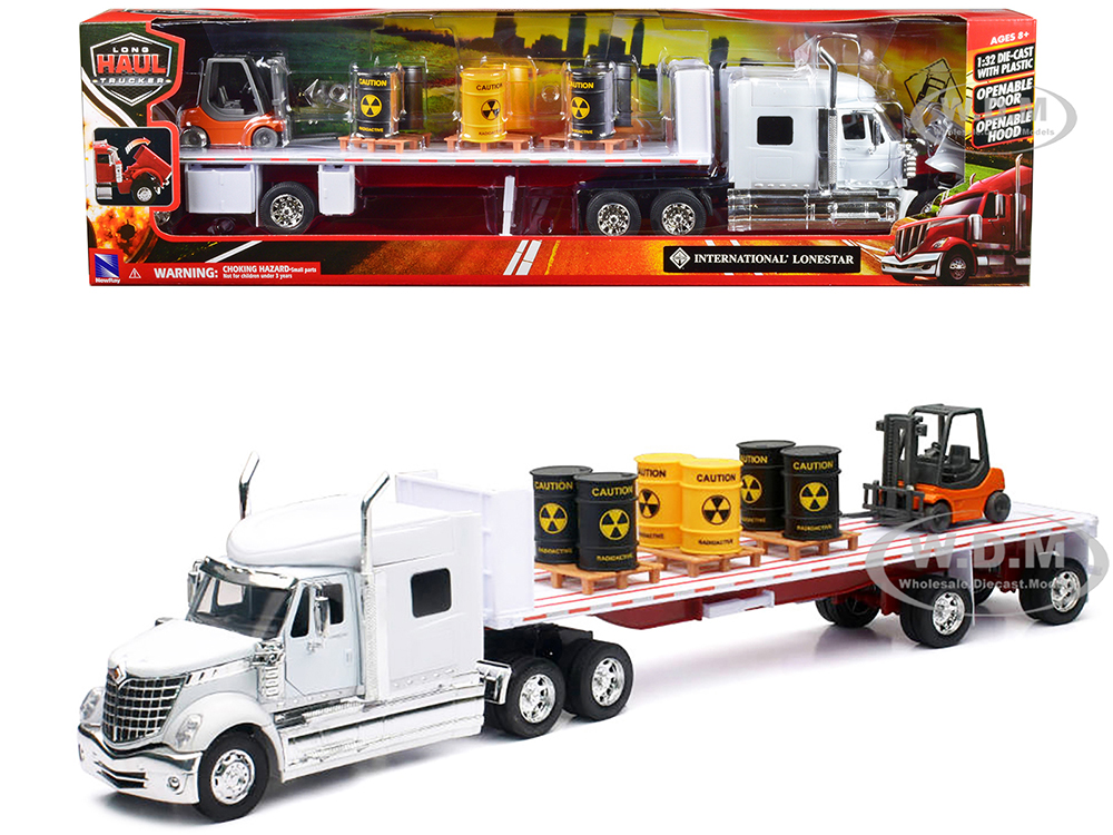 International Lonestar Flatbed Truck White With 6 Toxic Barrels 3 Pallets And Forklift Long Haul Trucker Series 1/32 Diecast Model By New Ray