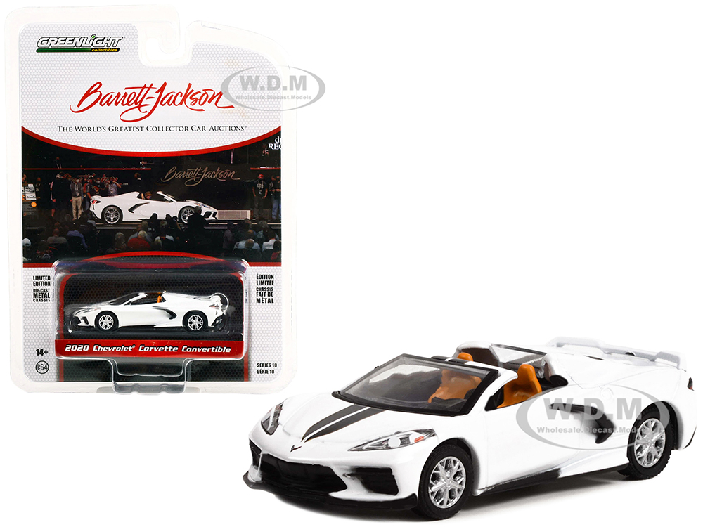 2020 Chevrolet Corvette C8 Stingray Convertible Arctic White with Black Stripes (Lot #1275) Barrett-Jackson Scottsdale Edition Series 10 1/64 Diecast Model Car by Greenlight