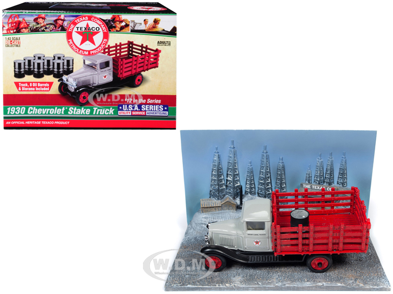 1930 Chevrolet Stake Truck with Eight Oil Barrels and Oil Derricks Diorama "Texaco" 12th in the "U.S.A. Series" 1/43 Diecast Model by Autoworld