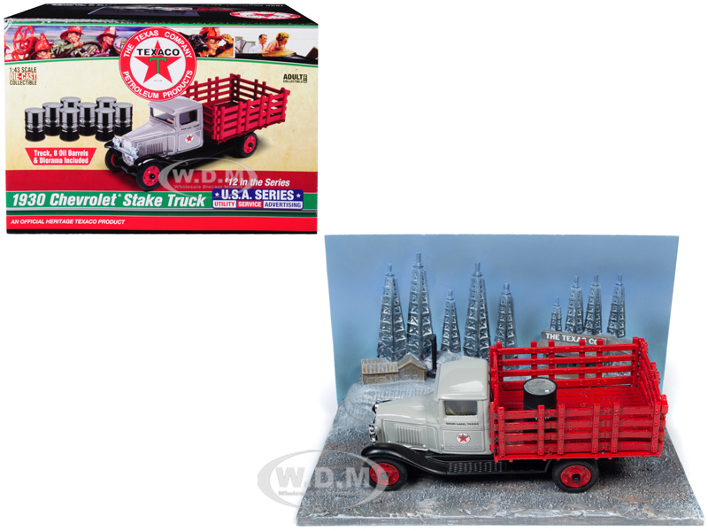 1930 Chevrolet Stake Truck With Eight Oil Barrels And Oil Derricks Diorama "texaco" 12th In The "u.s.a. Series" 1/43 Diecast Model By Autoworld