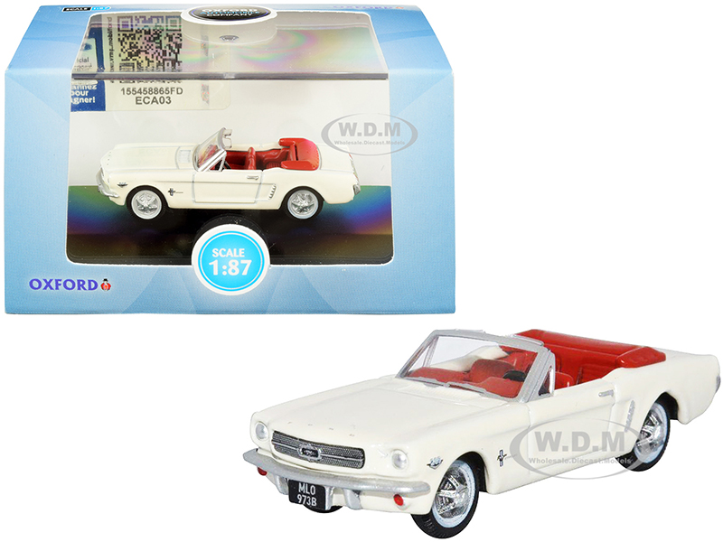 1965 Ford Mustang Convertible Wimbledon White (Goldfinger) with Red Interior 1/87 (HO) Scale Diecast Model Car by Oxford Diecast