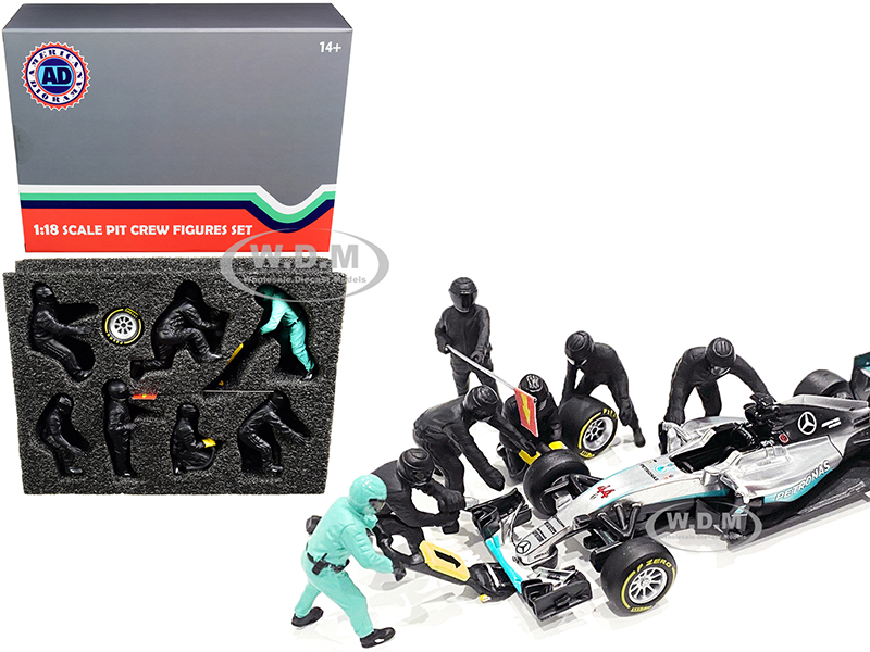 Formula One F1 Pit Crew 7 Figurine Set Team Black For 1/18 Scale Models By American Diorama