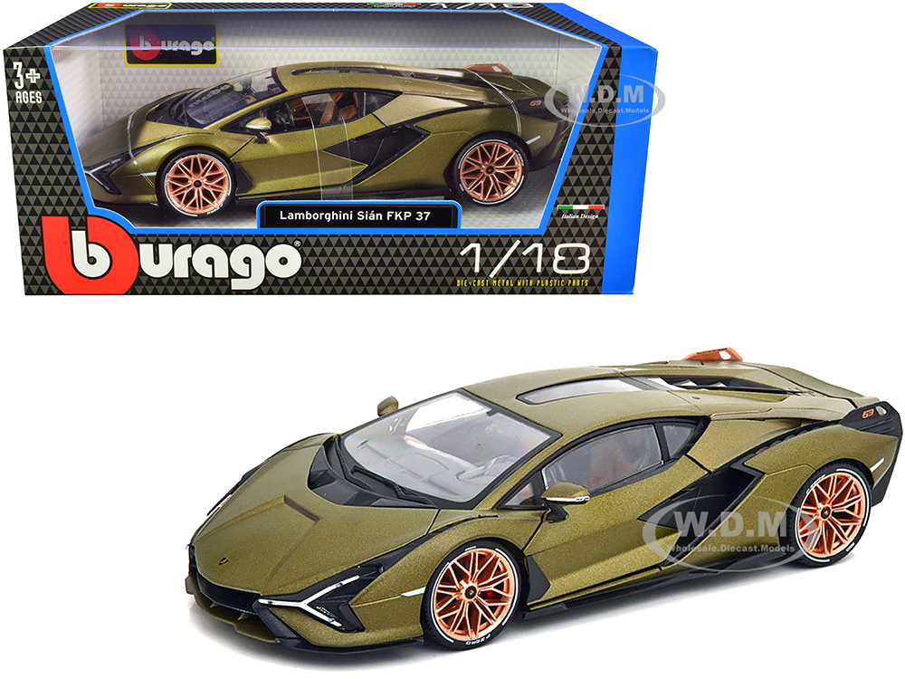 Lamborghini Sian FKP 37 Matt Green Metallic with Copper Wheels 1/18 Diecast Model Car by Bburago