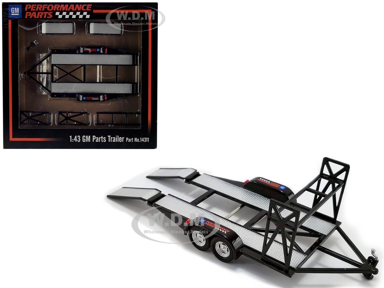 Image of Tandem Car Trailer with Tire Rack Black "GM Performance Parts" for 1/43 Scale Model Cars by GMP
