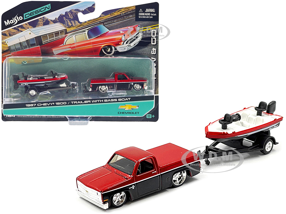 1987 Chevrolet 1500 Pickup Truck Candy Red and Black and Bass Boat with Trailer Red and Black 