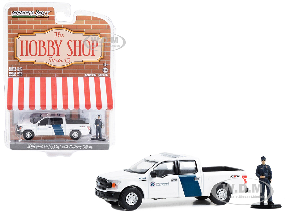 2018 Ford F-150 XLT Pickup Truck White With Blue Stripes U.S. Customs and Border Protection with Customs Officer Figure The Hobby Shop Series 15 1/64 Diecast Model Car by Greenlight