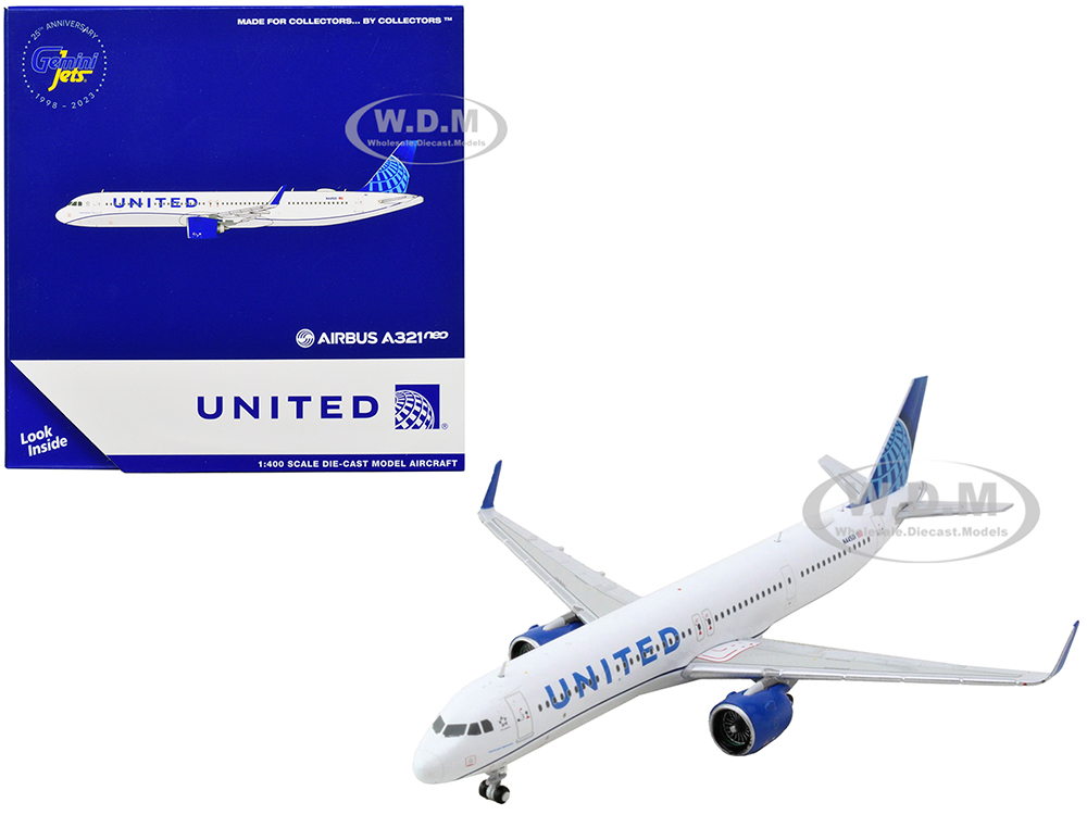 Airbus A321neo Commercial Aircraft United Airlines White with Blue Tail 1/400 Diecast Model Airplane by GeminiJets