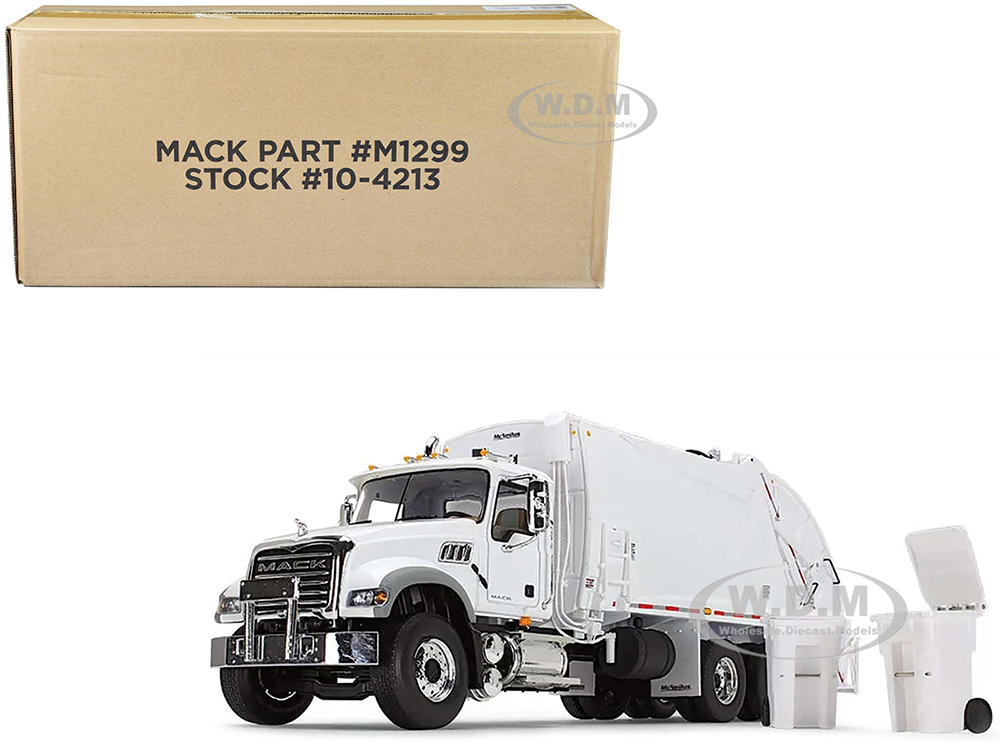 Mack Granite MP Refuse Garbage Truck with McNeilus Rear Loader & Trash Bins White 1/34 Diecast Model by First Gear