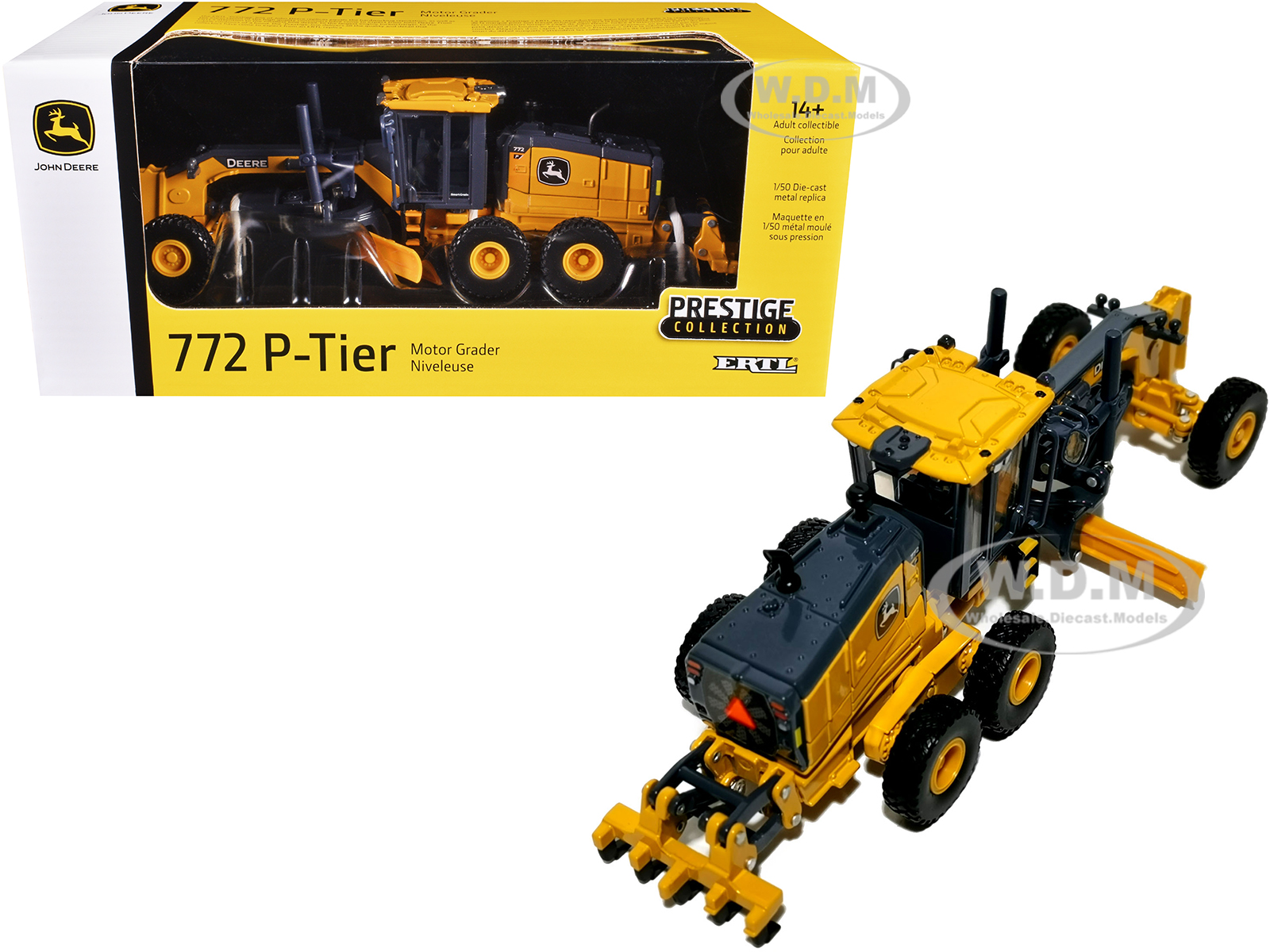 John Deere 772 P-Tier Motor Grader Yellow and Gray Prestige Collection 1/50 Diecast Model by ERTL TOMY