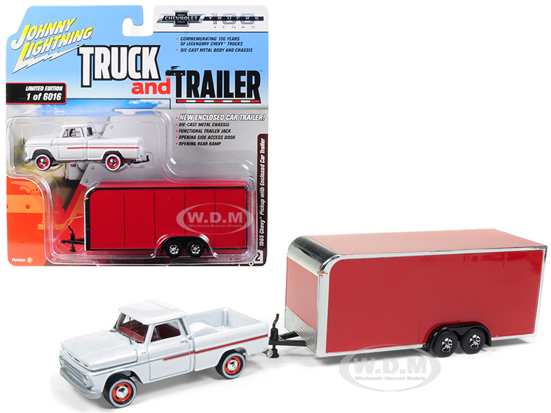 1965 Chevrolet Pickup Truck White With Enclosed Red Car Trailer Limited Edition To 6016 Pieces Worldwide "truck And Trailer" Series 2 "chevrolet Truc