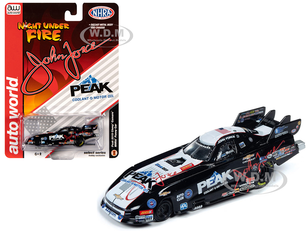 Image of 2019 Peak Chevrolet Camaro NHRA Funny Car John Force "Night Under Fire" "John Force Racing" 1/64 Diecast Model Car by Autoworld