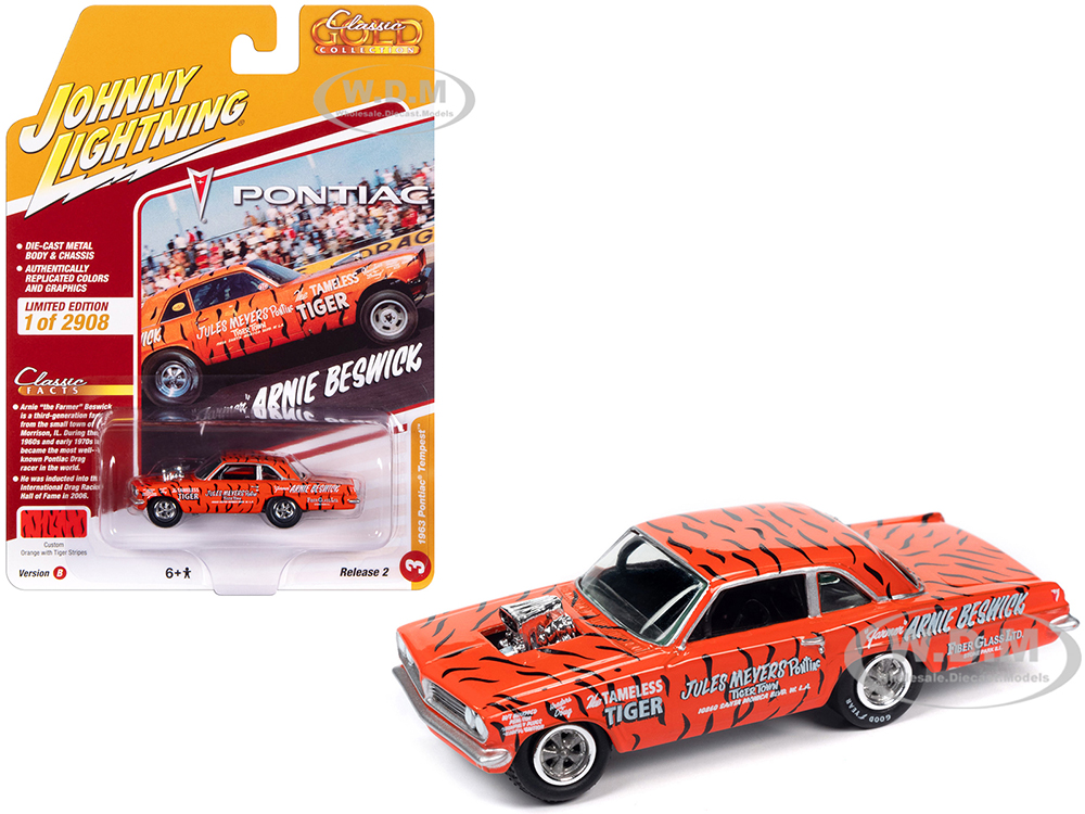 1963 Pontiac Tempest The Tameless Tiger Orange with Black Tiger Stripes Classic Gold Collection 2023 Release 2 Limited Edition to 2908 pieces Worldwide 1/64 Diecast Model Car by Johnny Lightning