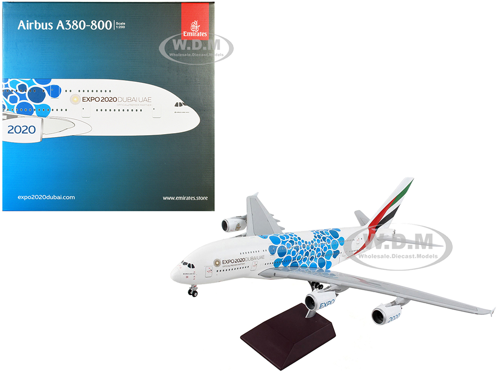 Airbus A380-800 Commercial Aircraft Emirates Airlines - Dubai Expo 2020 White with Blue Graphics Gemini 200 Series 1/200 Diecast Model Airplane by GeminiJets